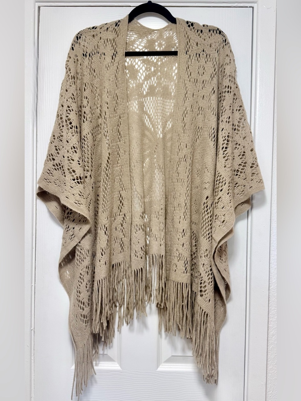 Beige Open-Knit Fringe Cardigan Poncho with Butterfly Patterns
